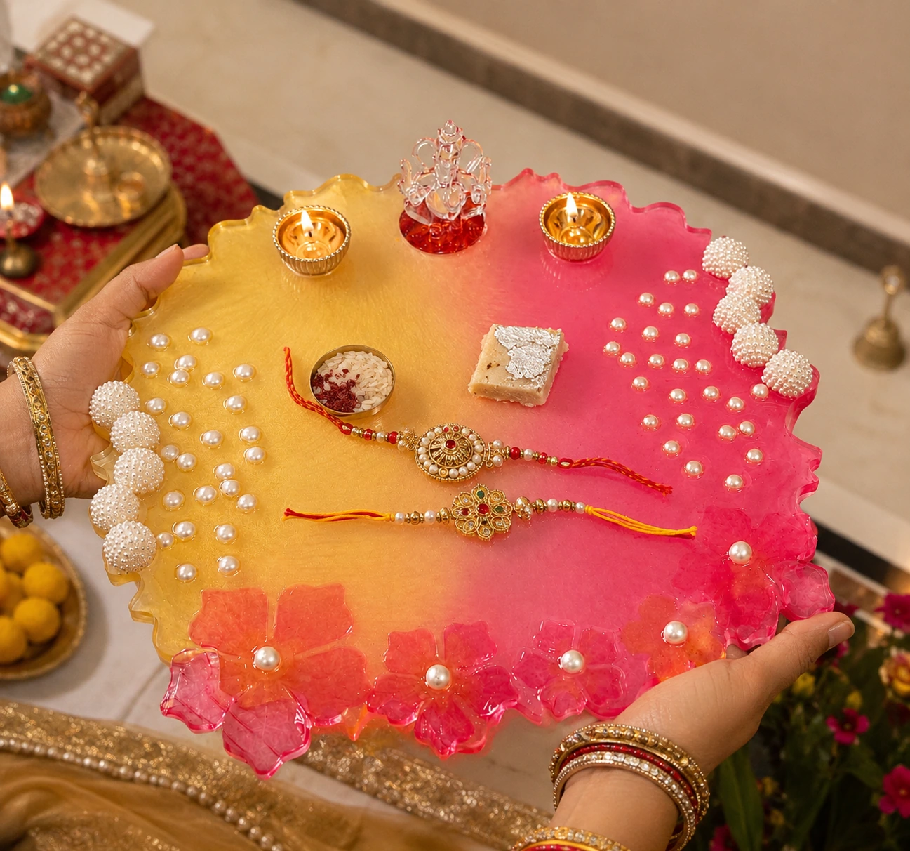 Floral Pooja Thali — handcrafted resin art by ResinKriti