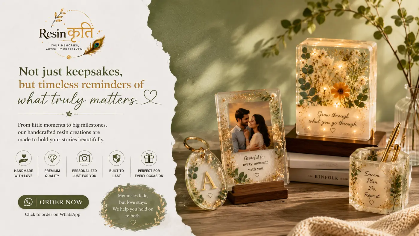 Personalised resin photo frame with gold accents on a studio table
