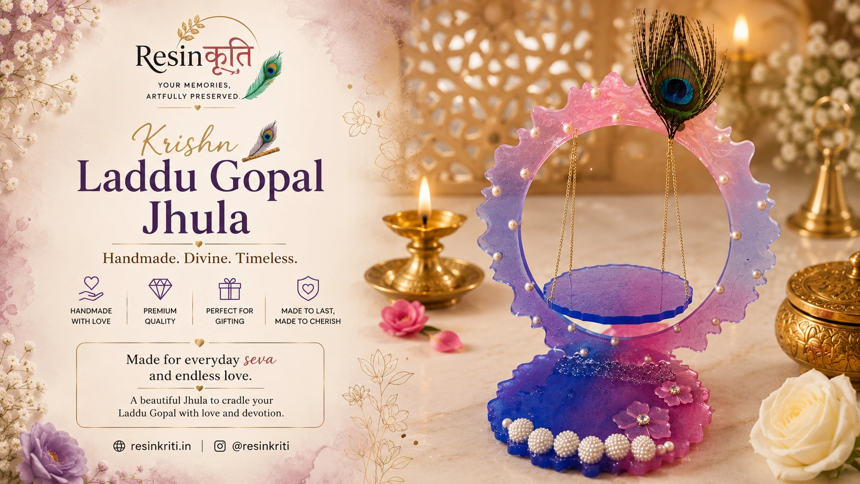 Handcrafted resin Krishn Laddu Gopal Jhula with peacock feather and pearls for Janmashtami